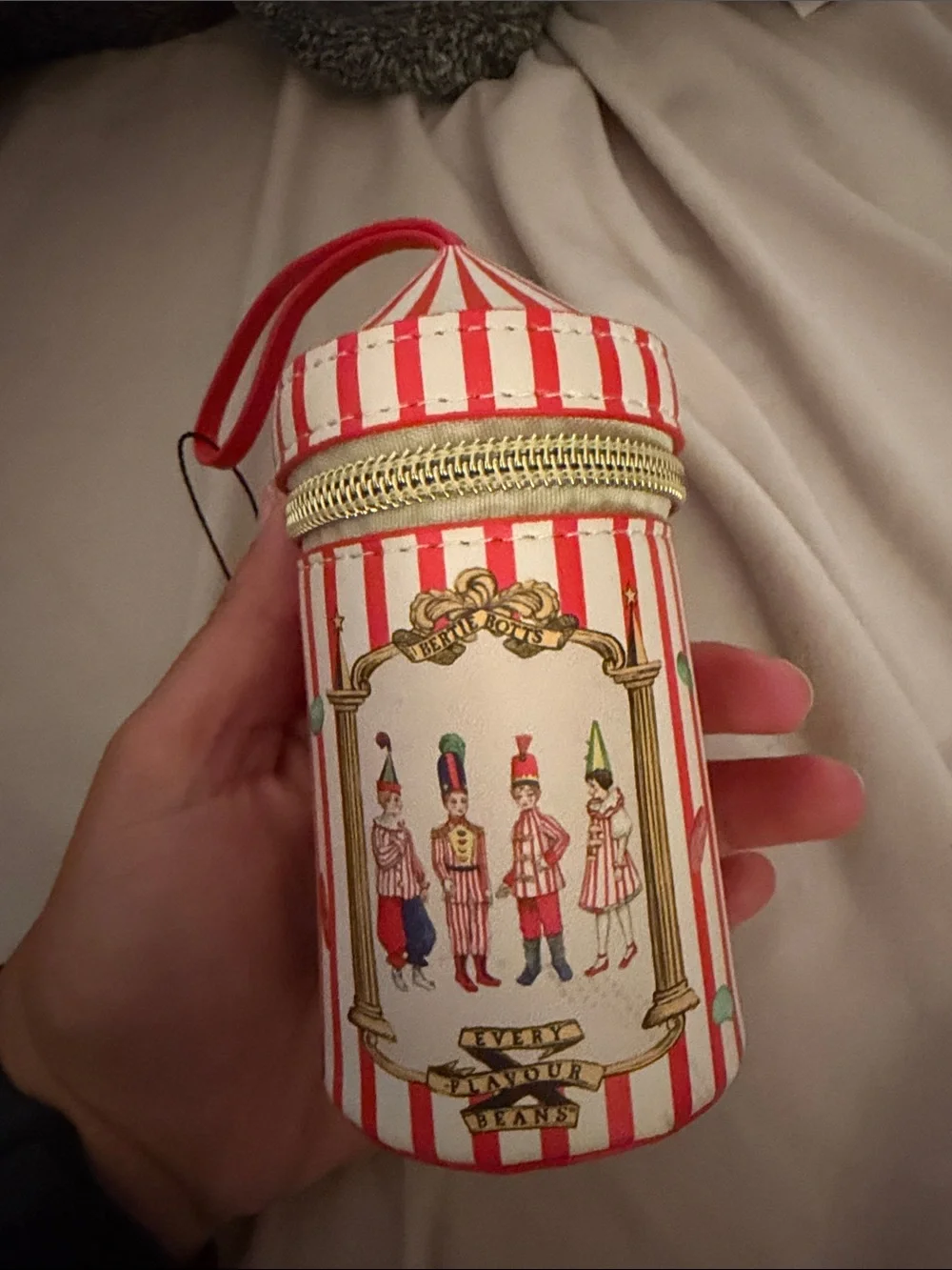 Red & White Striped Novelty Canister with Gold Zipper - Brand: